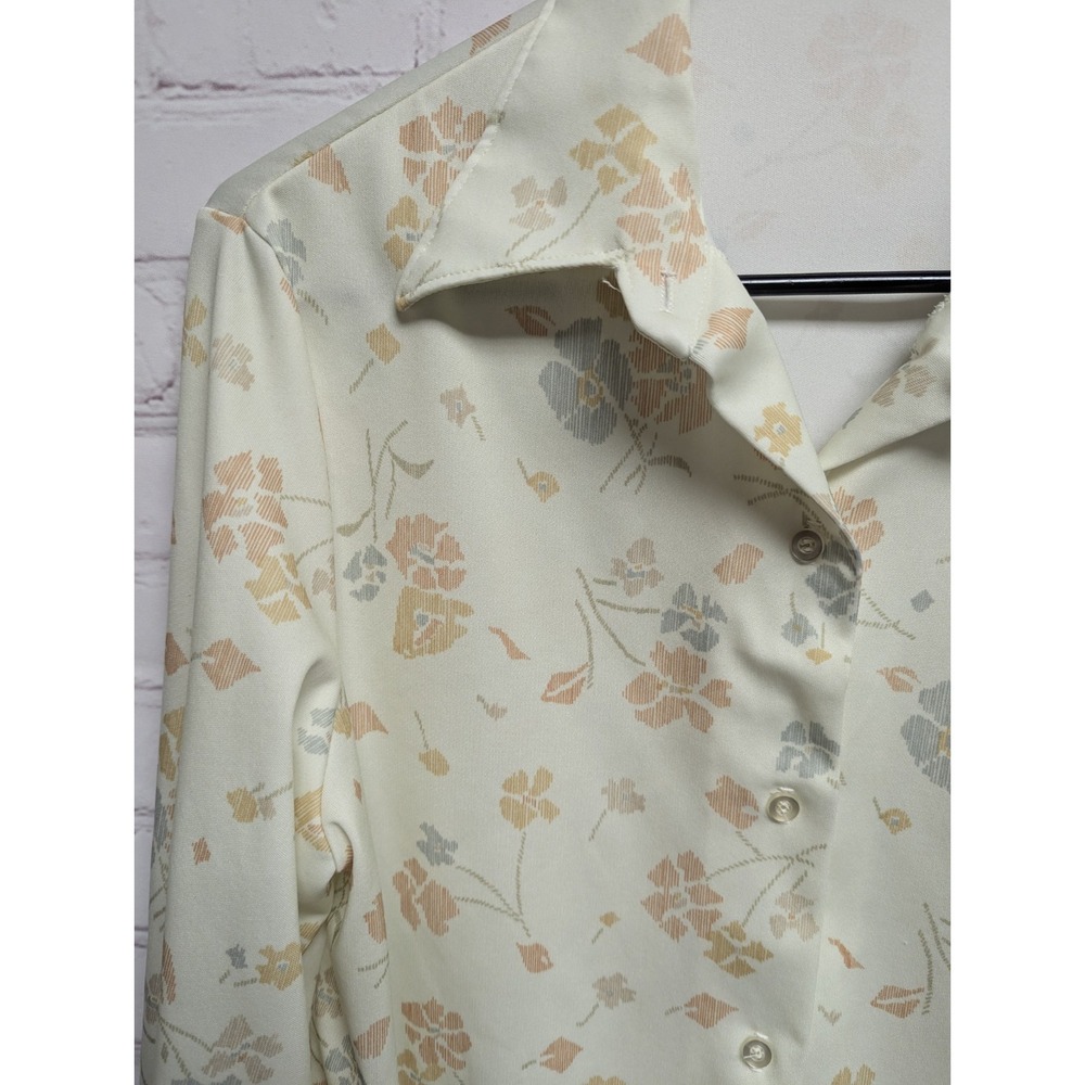 Vintage 1970s Blouse Floral Point Collar Long Sleeve Button Up Women's Med EUC - Picture 2 of 8